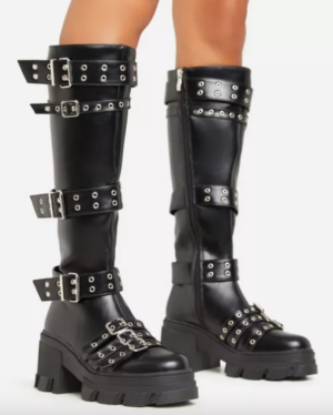 chunky sole multi strap black knee high longer biker boot