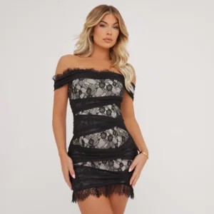 bardot lace dress with black twist detailing