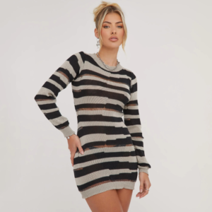 Long-Sleeved Distressed Mini Dress in Black Stripe Knit