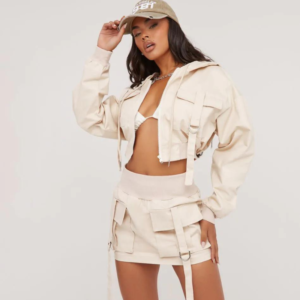 Suspender Detail Multi-Pocket Hooded Cropped Jacket in Stone